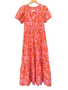Anthropologie The Somerset French Writing Maxi Dress Pink Orange Size Medium
